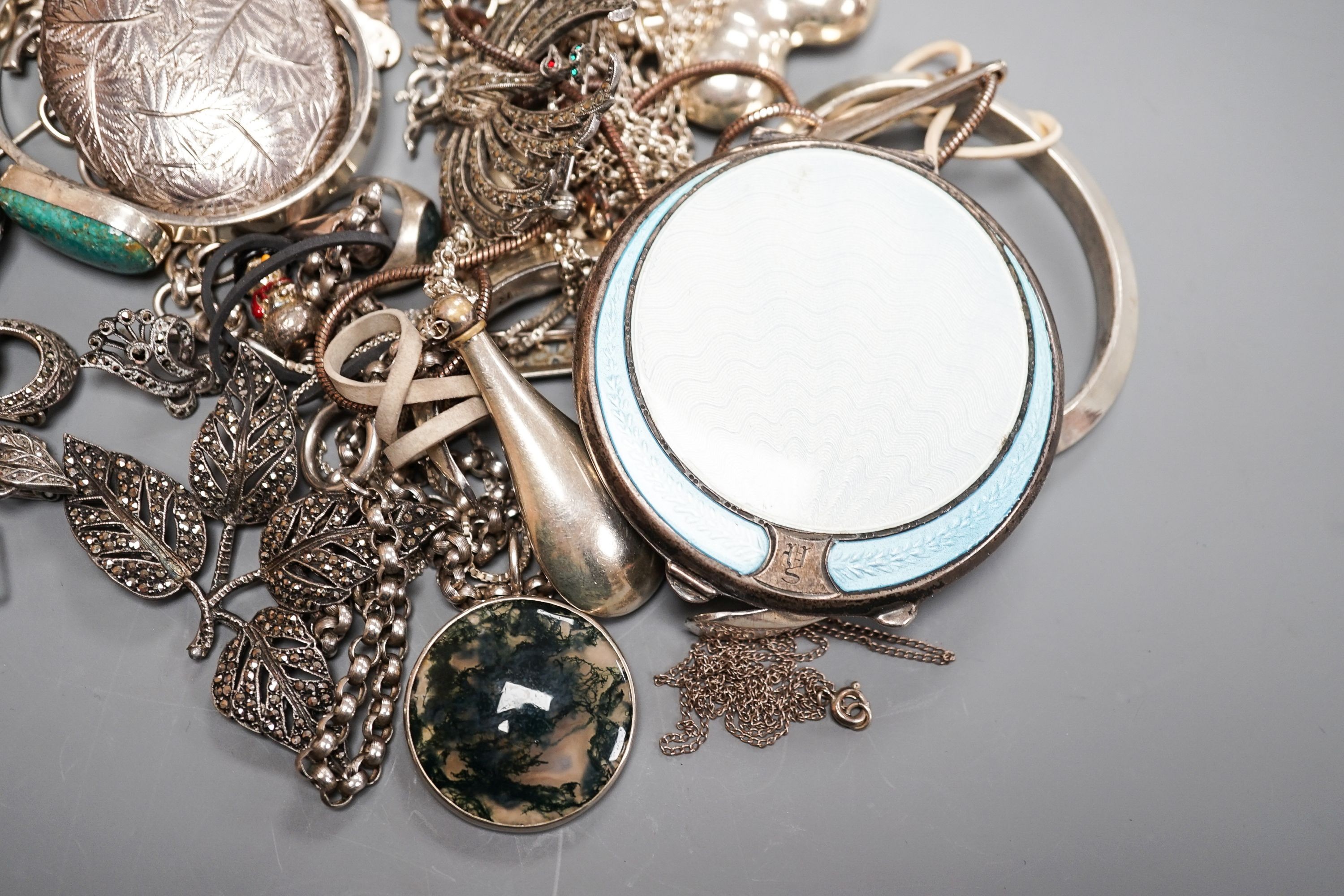 A mixed quantity of assorted silver and white metal jewellery including costume and a silver and enamel compact.